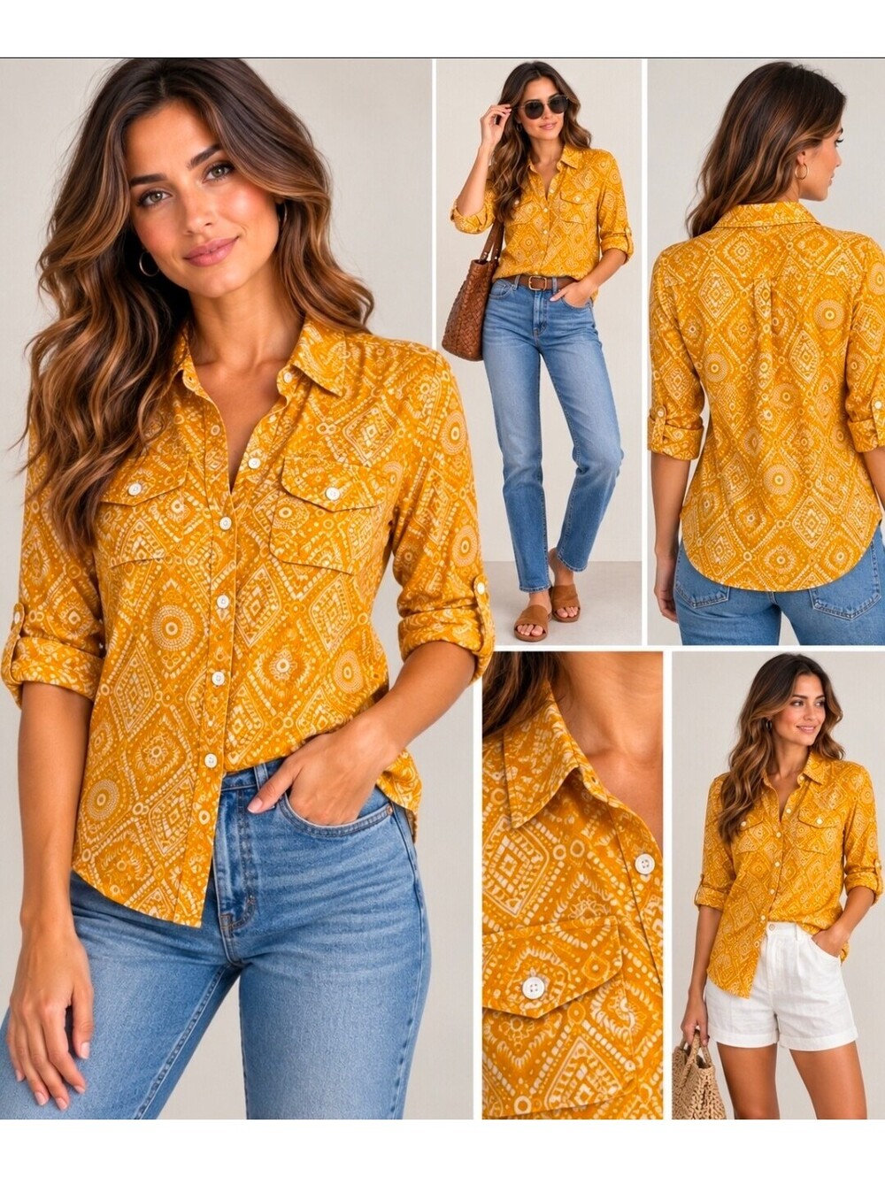 Calvin Klein Women’s M Mustard Geometric Print 100% Cotton Roll Tab Shirt